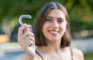 Beautiful smiling Turkish woman is holding an invisalign bracer